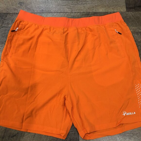 Men's Workout Running Shorts Lightweight 7 inches with Zipper Pockets Orange - Picture 1 of 3